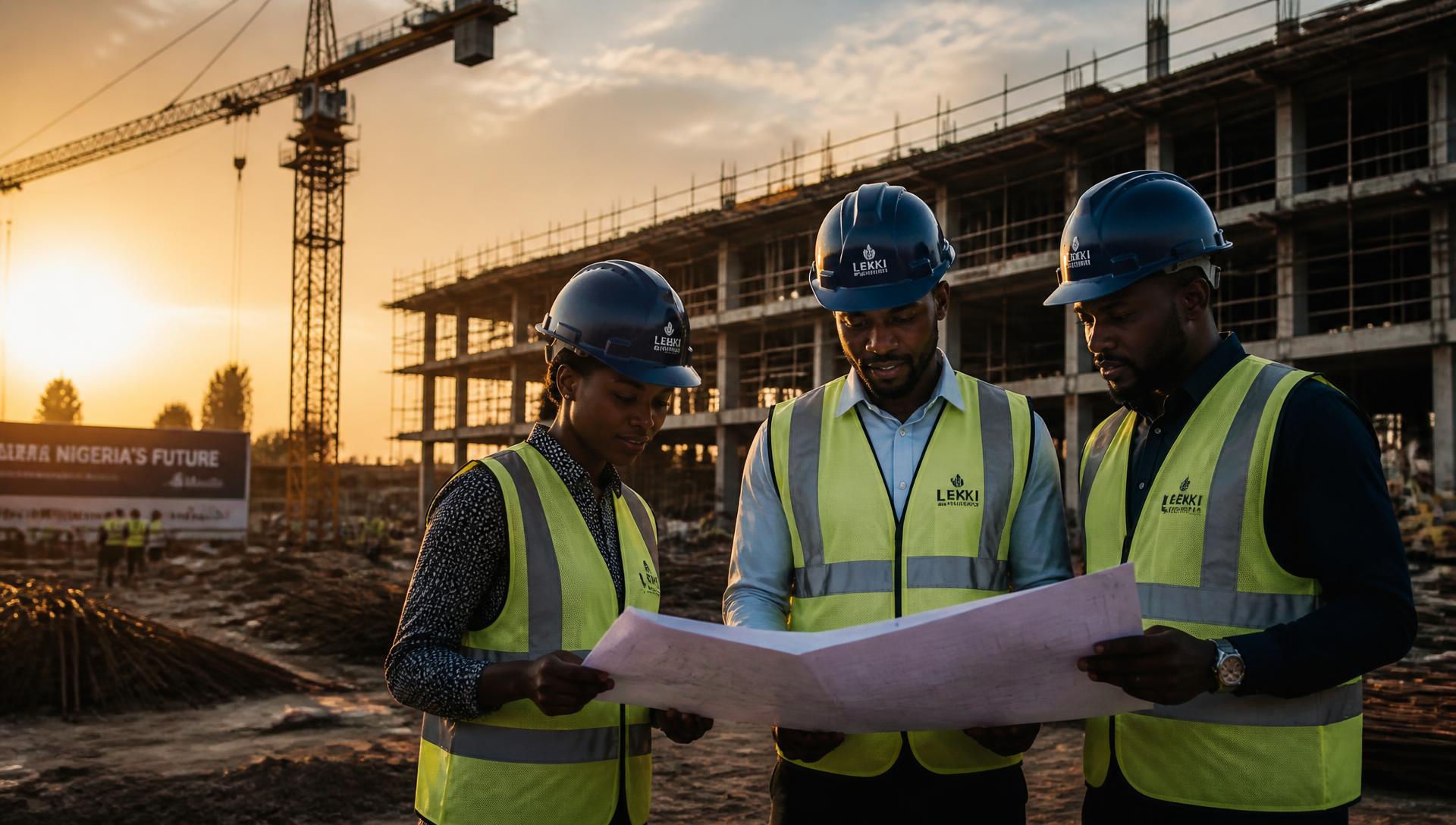 Nigerian engineers reviewing project drawings on a modern construction site